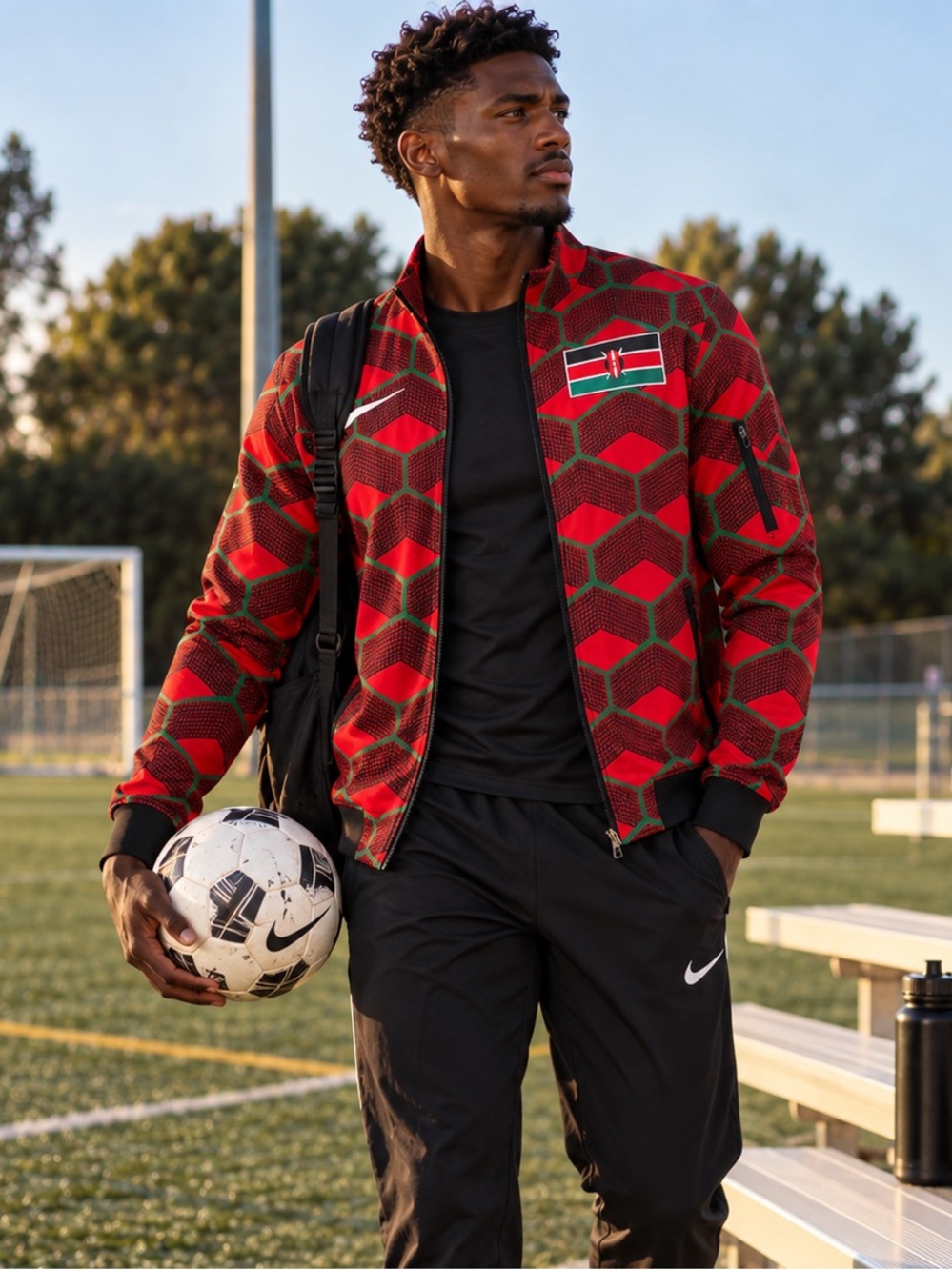 Nike Red Geometric Track Jacket with Kenya Flag Patch - Unisex